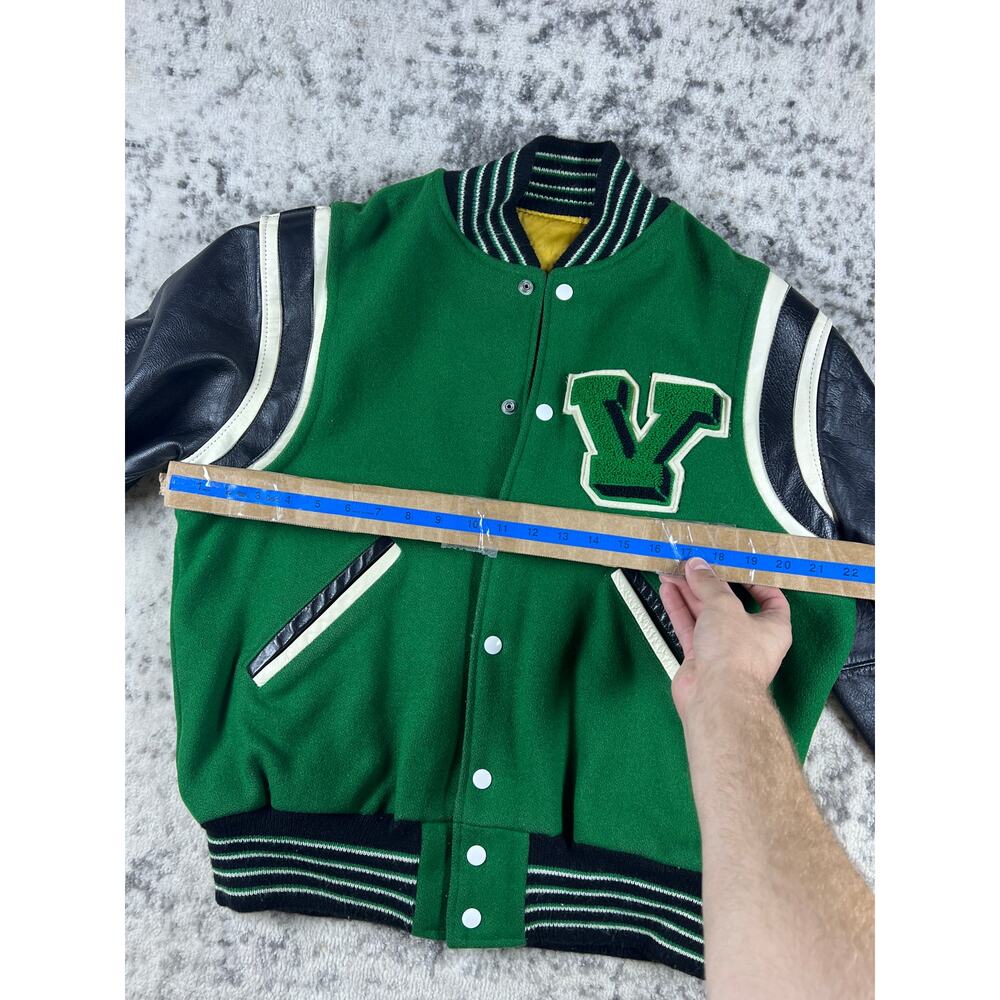 Vintage 70s Varsity Letterman Jacket Mens L Green Black Wool Leather Patch 76 - Picture 4 of 7